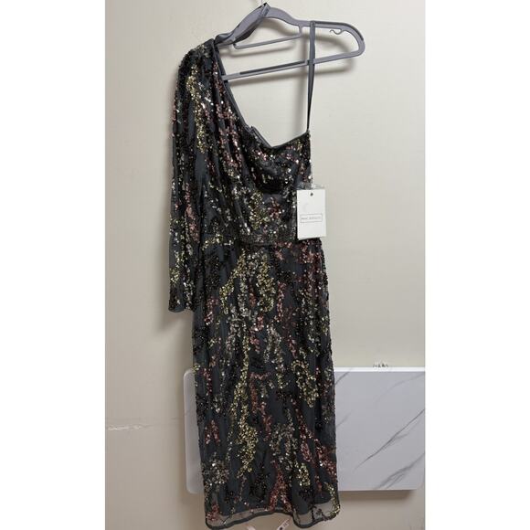 Mac Duggal One Shoulder Sequin Beaded Dress Charcoal Multicolor Size 4 NWT - Picture 4 of 10
